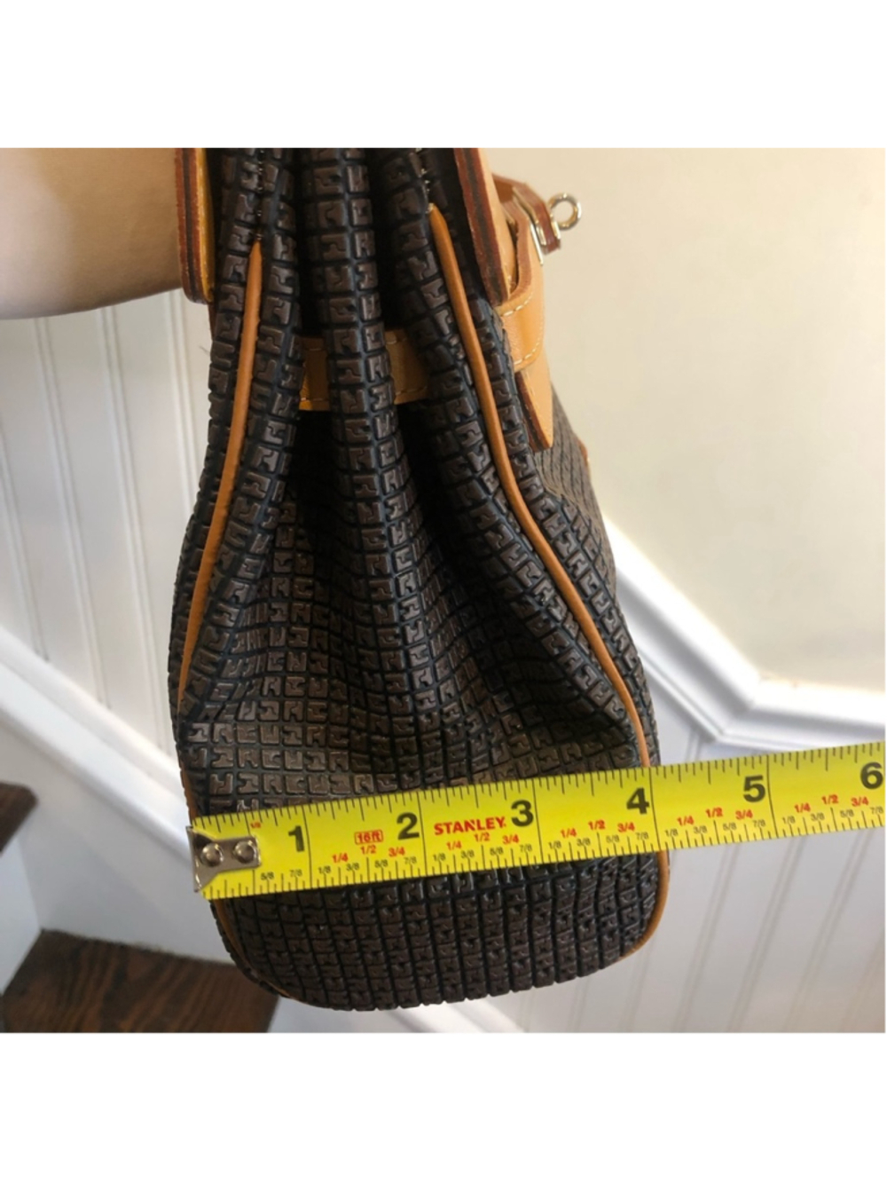TED LAPIDUS Caramel Leather Top Handle & Monogram Embossed Crossbody Satchel - Picture 15 of 17